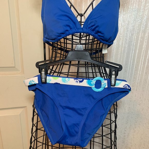 WOMENS - sz 5/6 MALIBU DREAM GIRLS JUNIOR string bikini blue, white belted - Picture 2 of 11